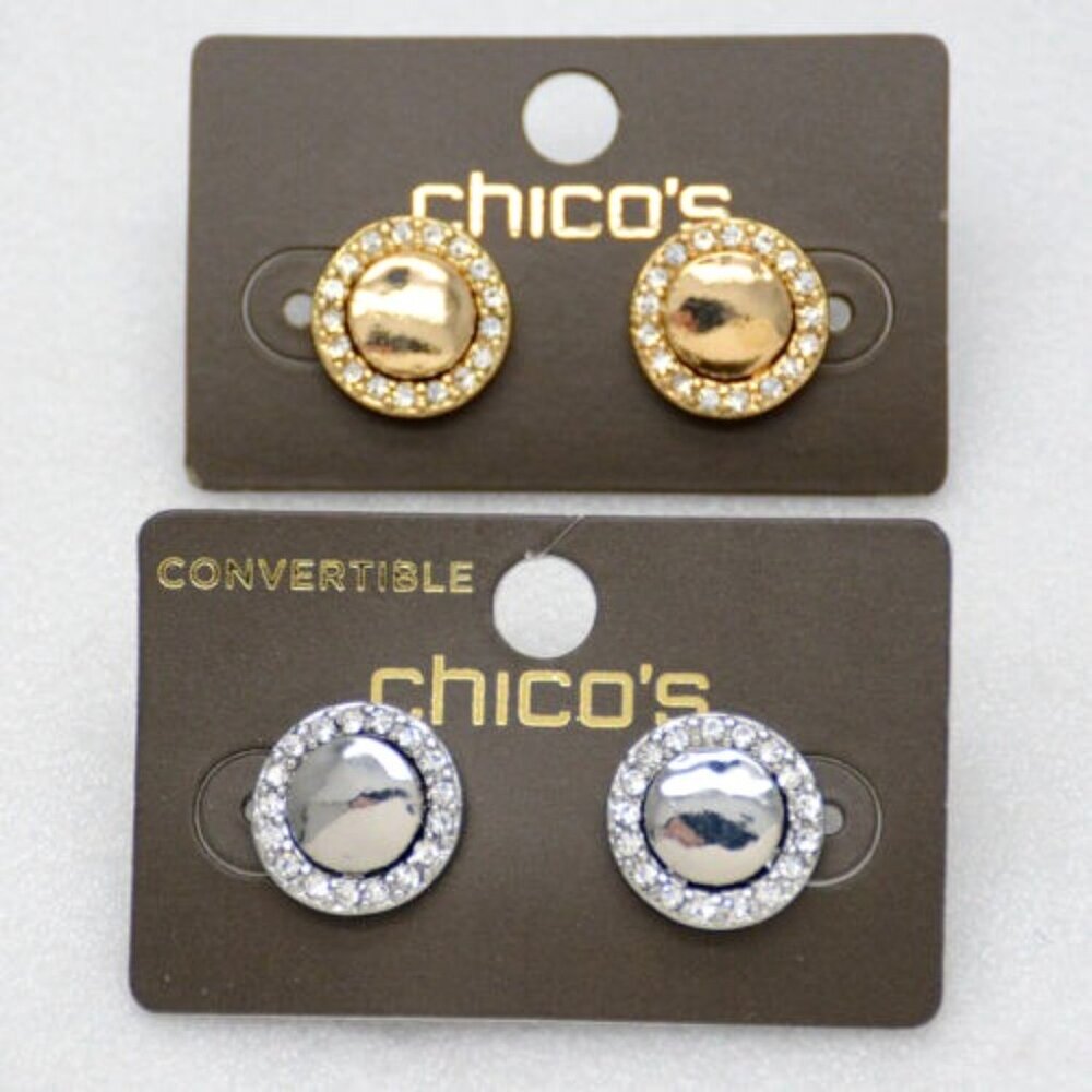 NEW Chico's button stud CZ halo jacket enhancer earrings - gold or silver